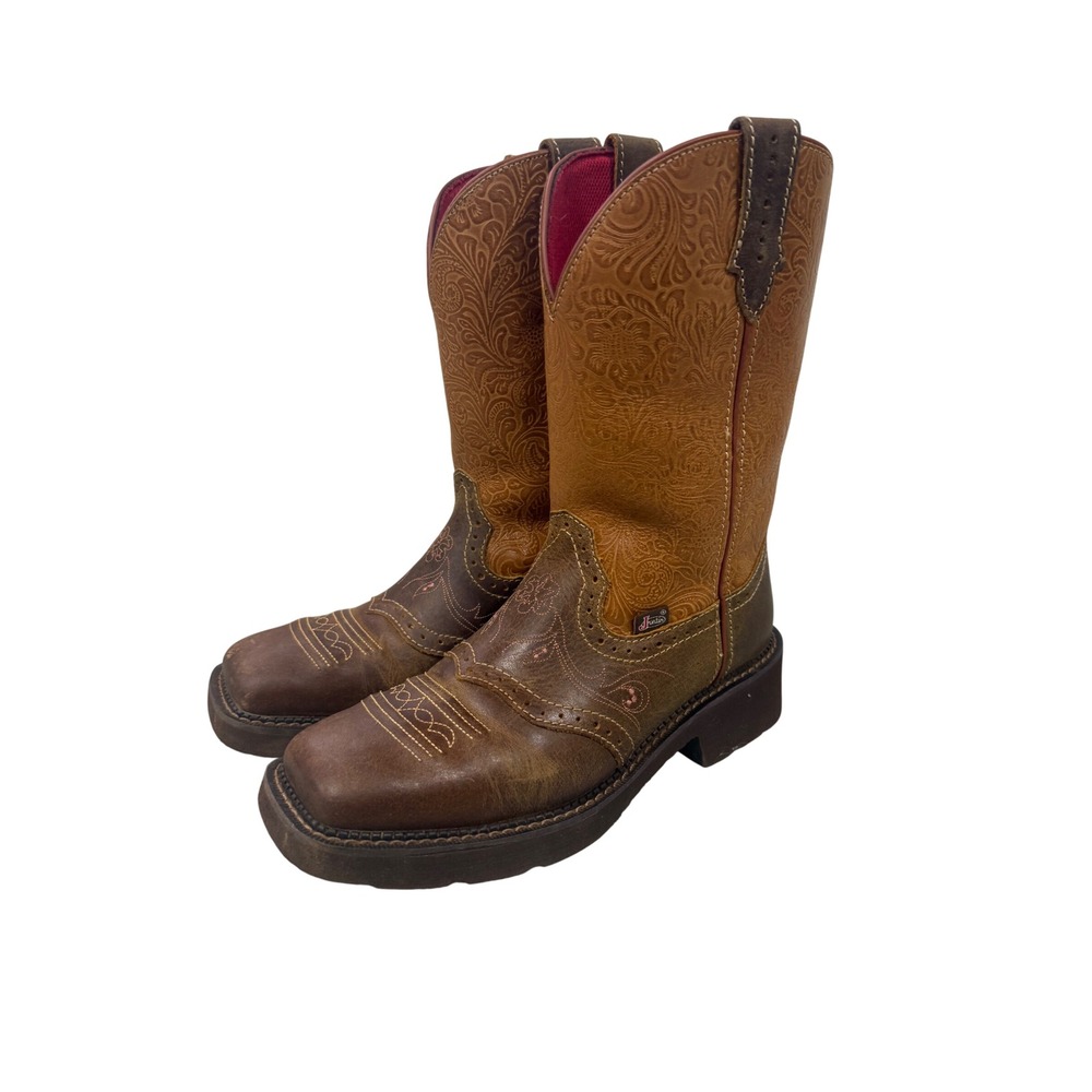 Justin Gypsy Womens Brown Leather Starlina Floral Square Toe Western Boots 10B